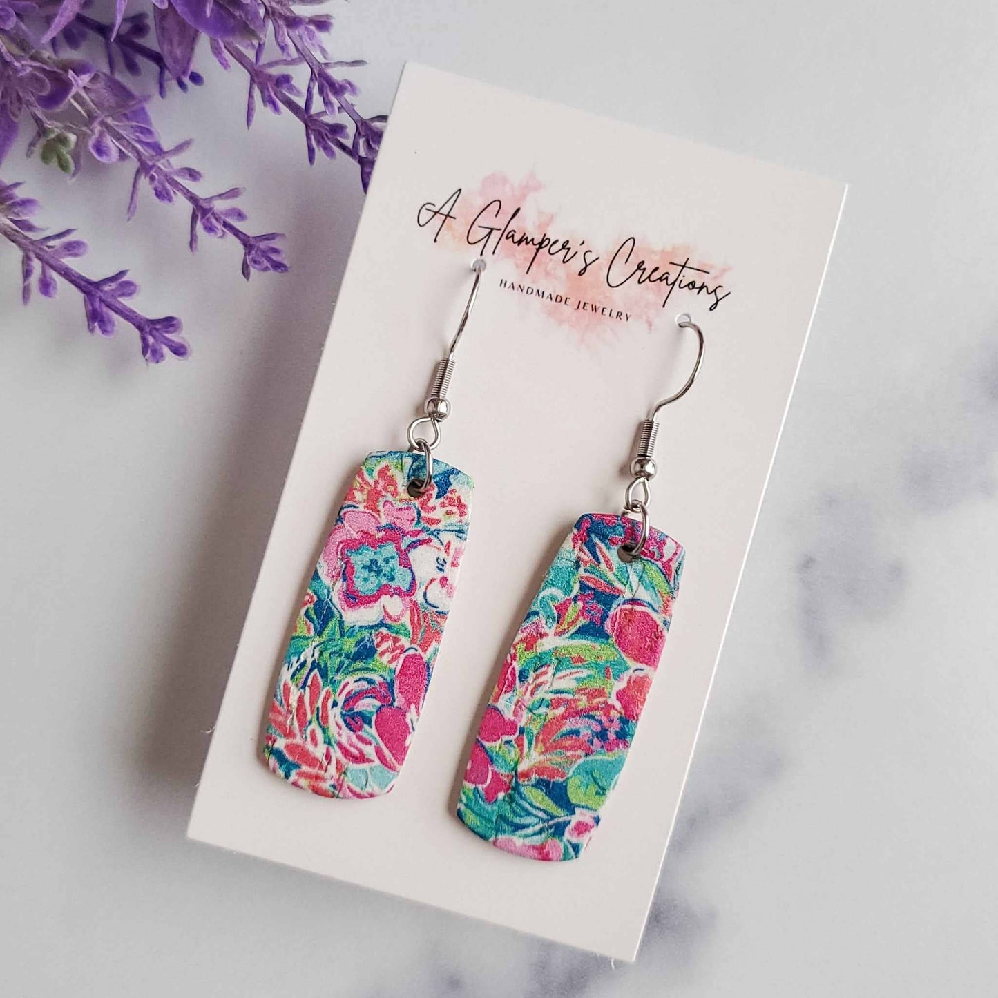 Tropical Floral Mini Bar Leather Earrings