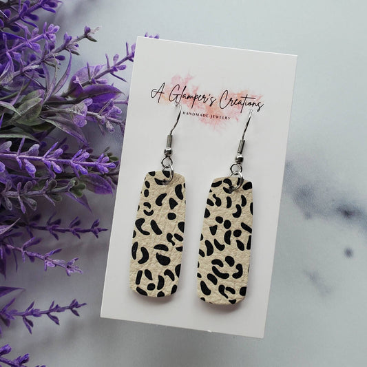 Light Tan & Black Leopard Mini Bar Leather Earrings
