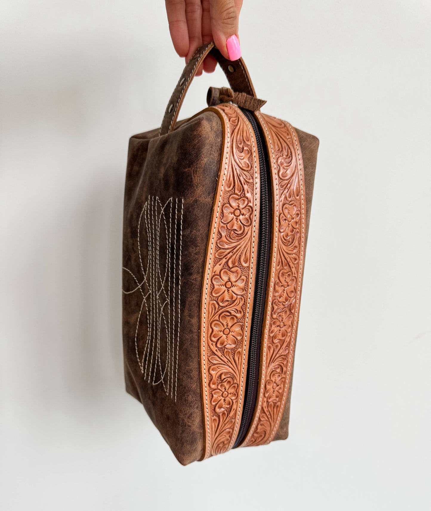 Boot Stitch Handtooled  Leather Toiletry Makeup Shaving Bag