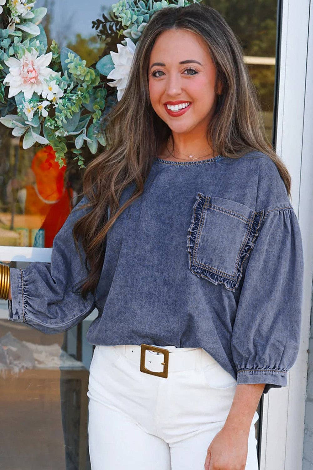 Puff Sleeve Pocket Denim Top