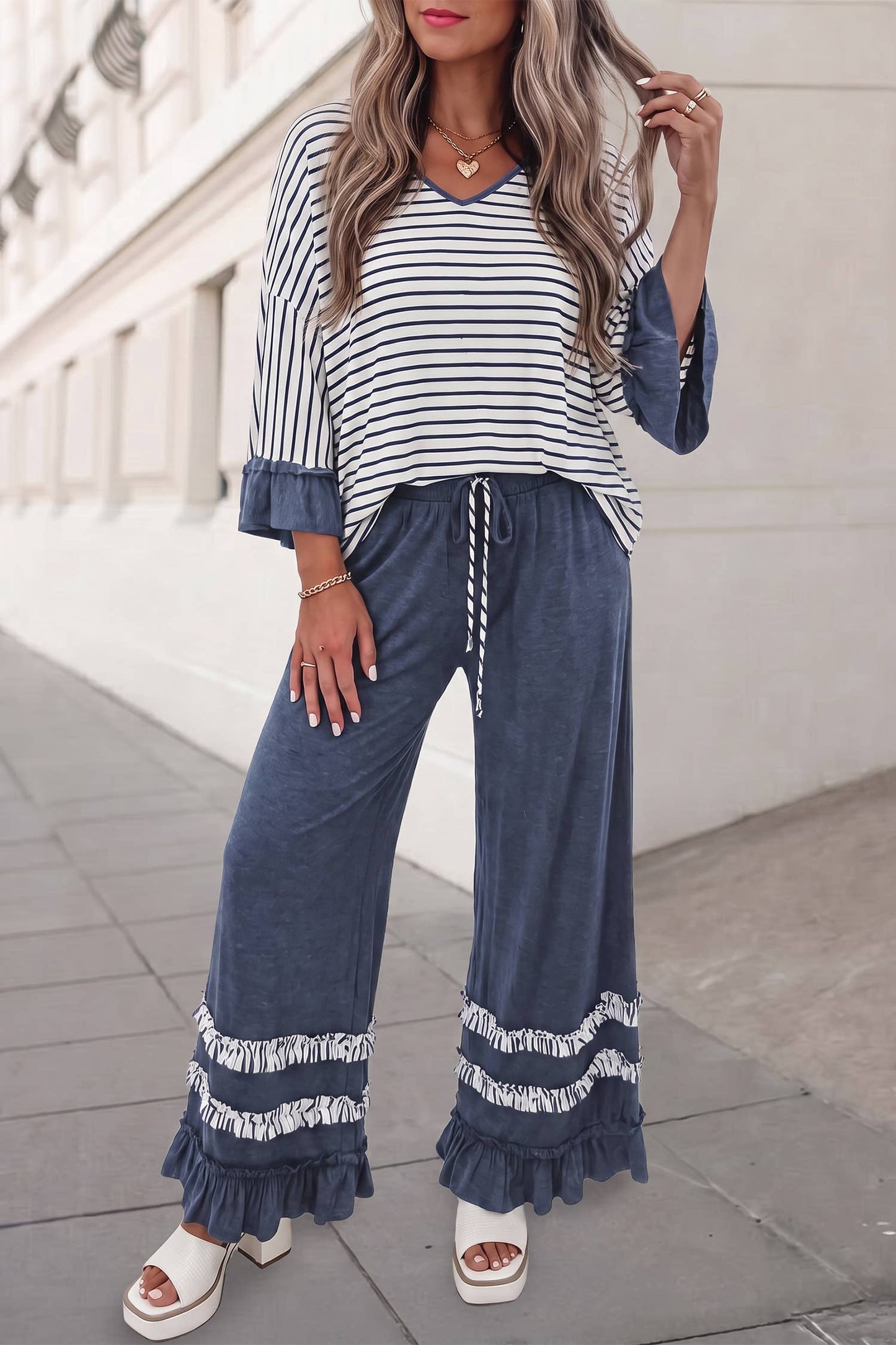 Stripes Ruffle 2Pcs Pants Set