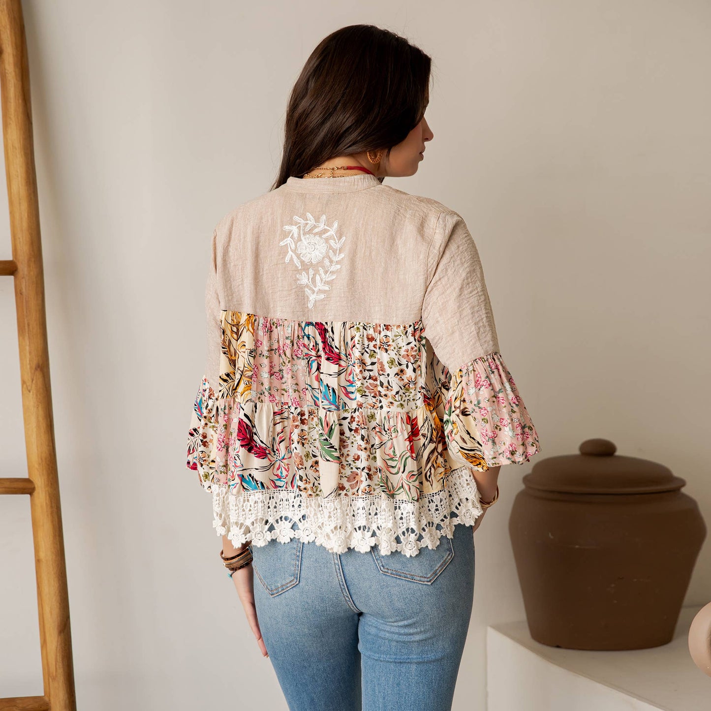 Boho Floral Lace Trim Shrug