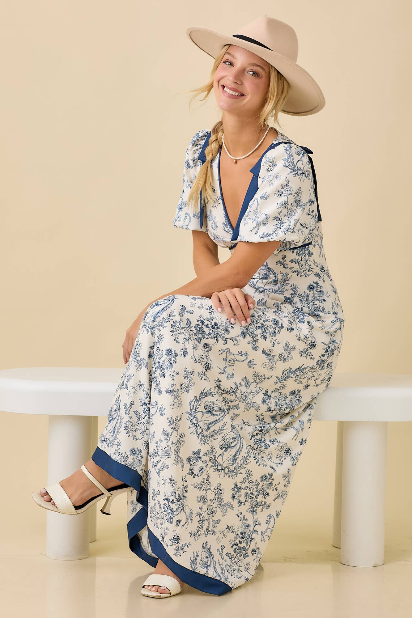 Deep-Neck Maxi Dress With Bubble Sleeve