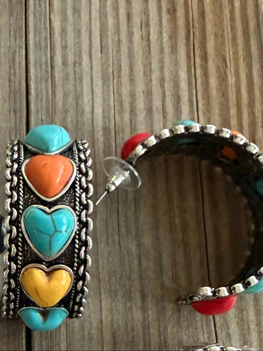 1.50“Heart Stone Hoop Earrings 
