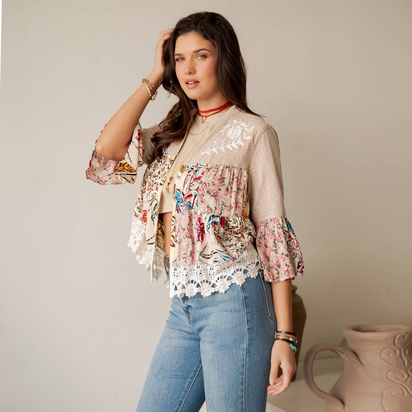 Boho Floral Lace Trim Shrug