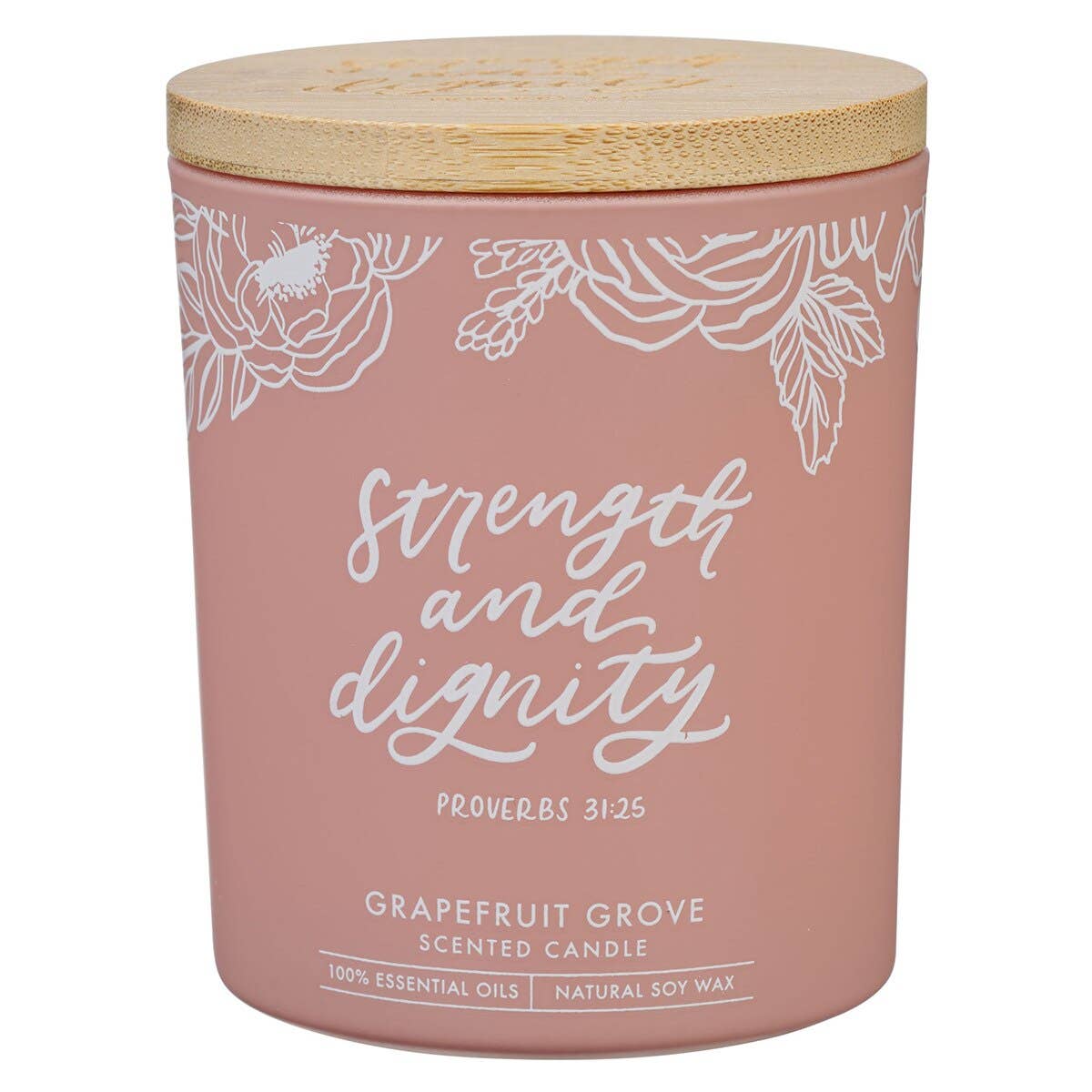 Glass Candle w/Bamboo Lid Pink Strength & Dignity Prov 31:25