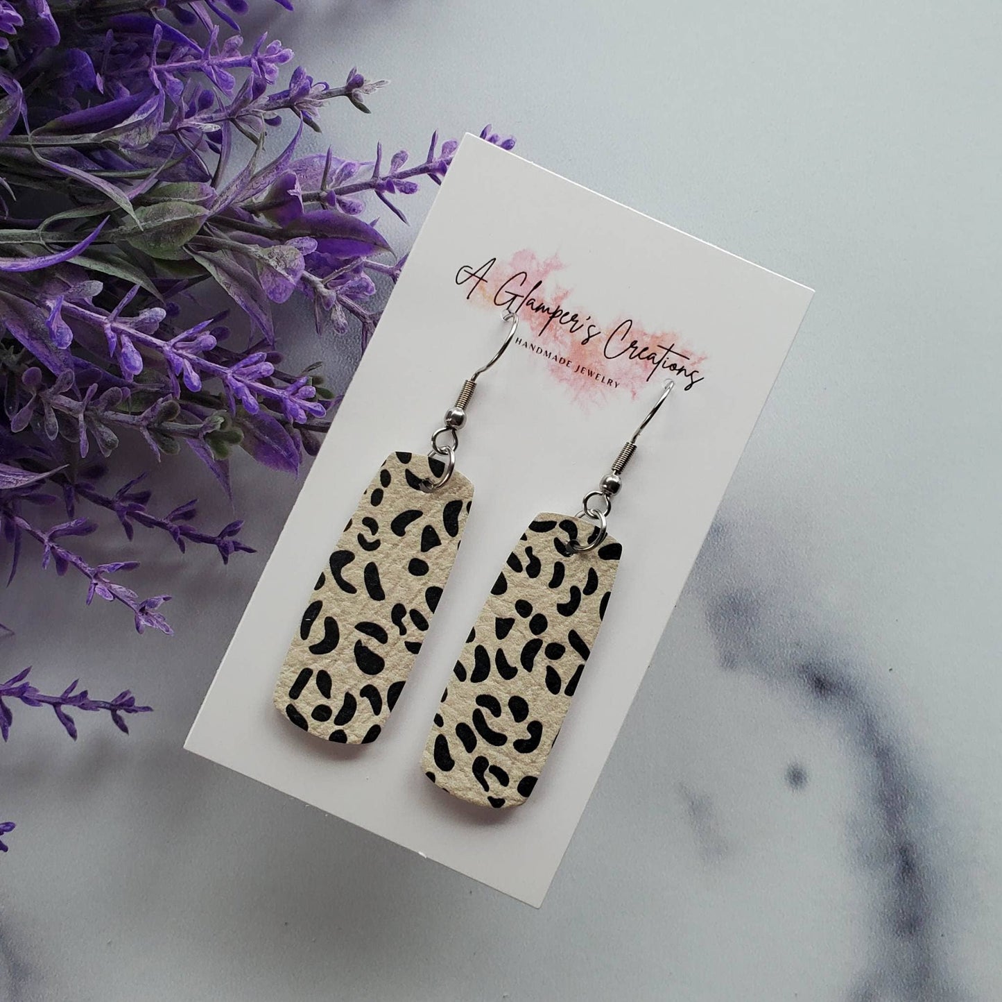 Light Tan & Black Leopard Mini Bar Leather Earrings