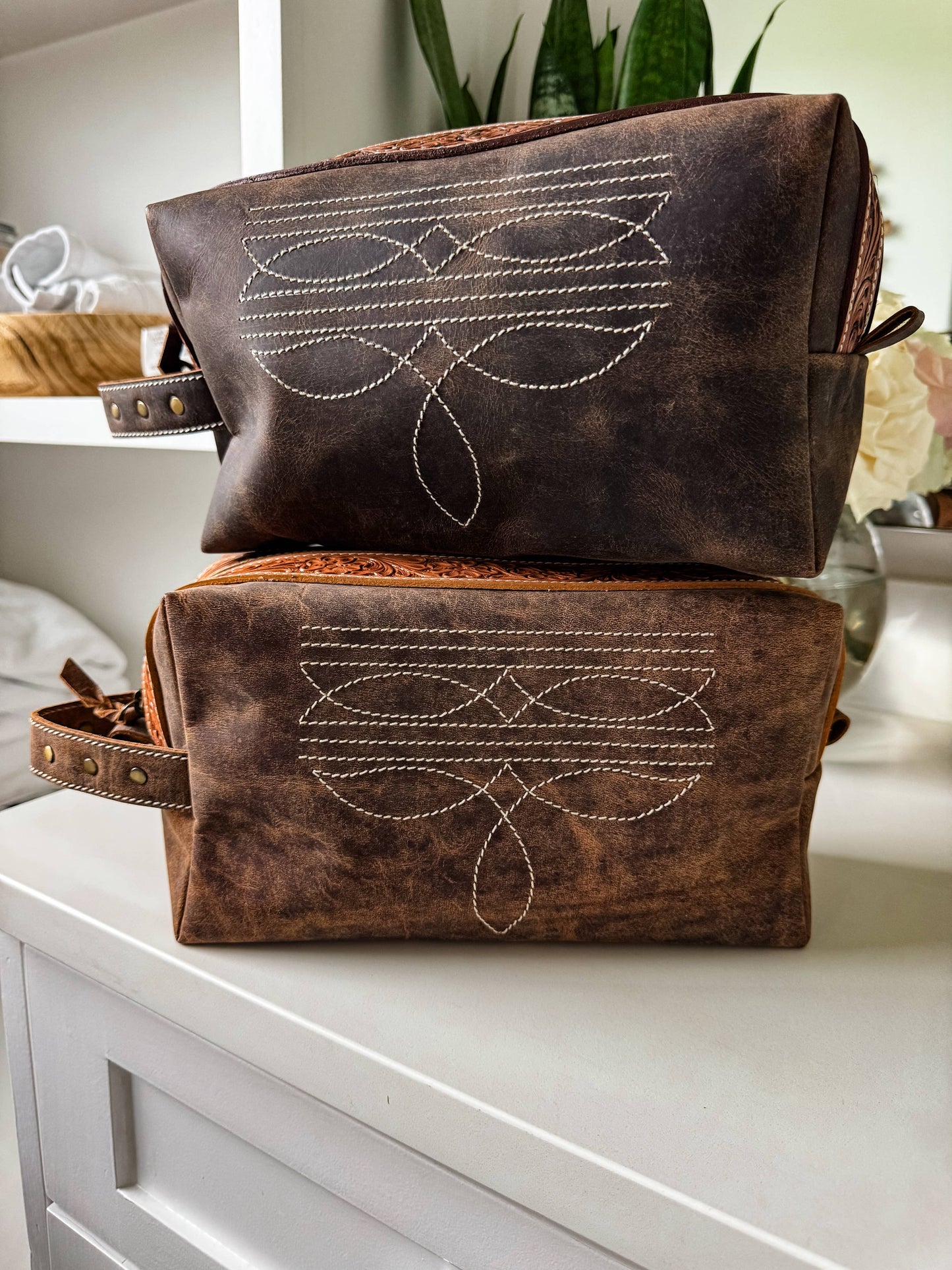 Boot Stitch Handtooled  Leather Toiletry Makeup Shaving Bag