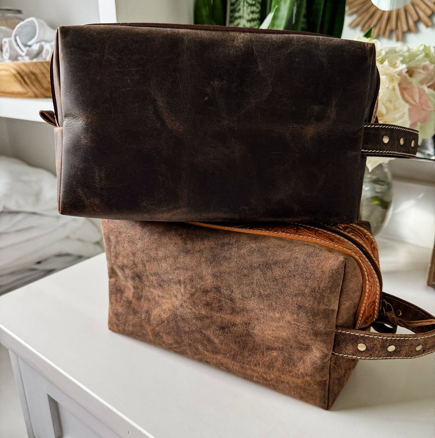 Boot Stitch Handtooled  Leather Toiletry Makeup Shaving Bag