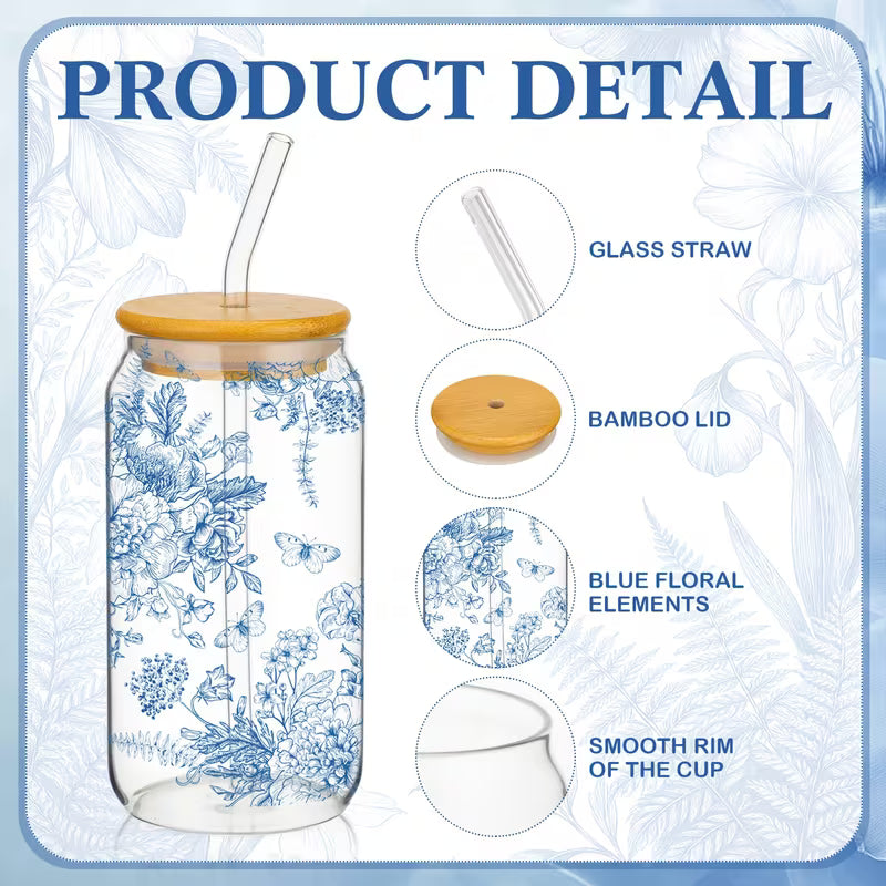 Blue Floral Glass Cup