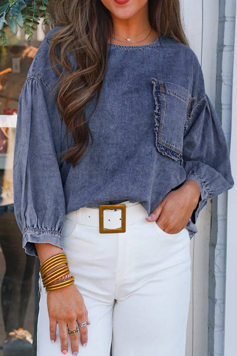 Puff Sleeve Pocket Denim Top