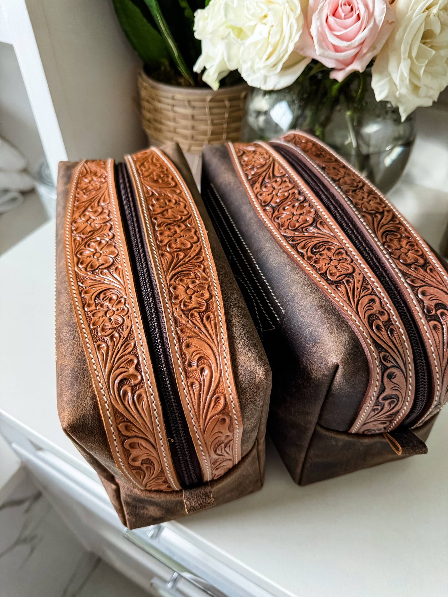 Boot Stitch Handtooled  Leather Toiletry Makeup Shaving Bag