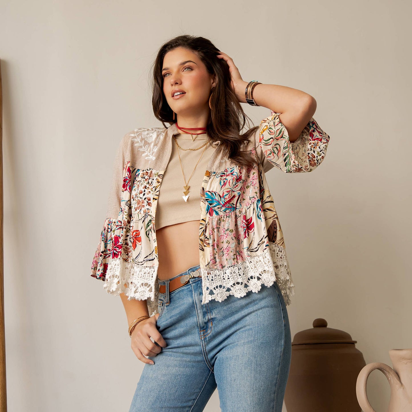 Boho Floral Lace Trim Shrug