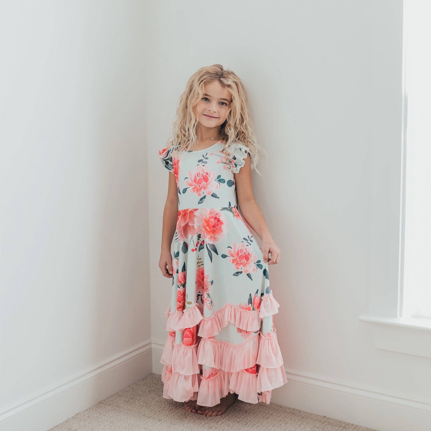 Girls Mint & Pink Flutter Ruffles Dress