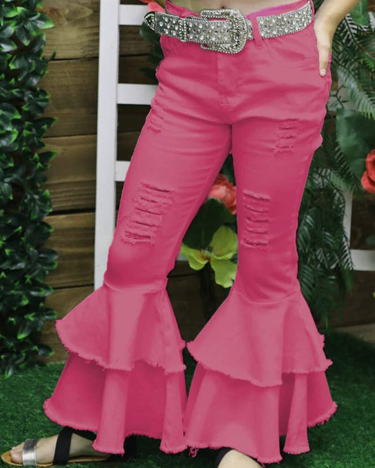 Girls Hot Pink Distressed Denim Bell Pants