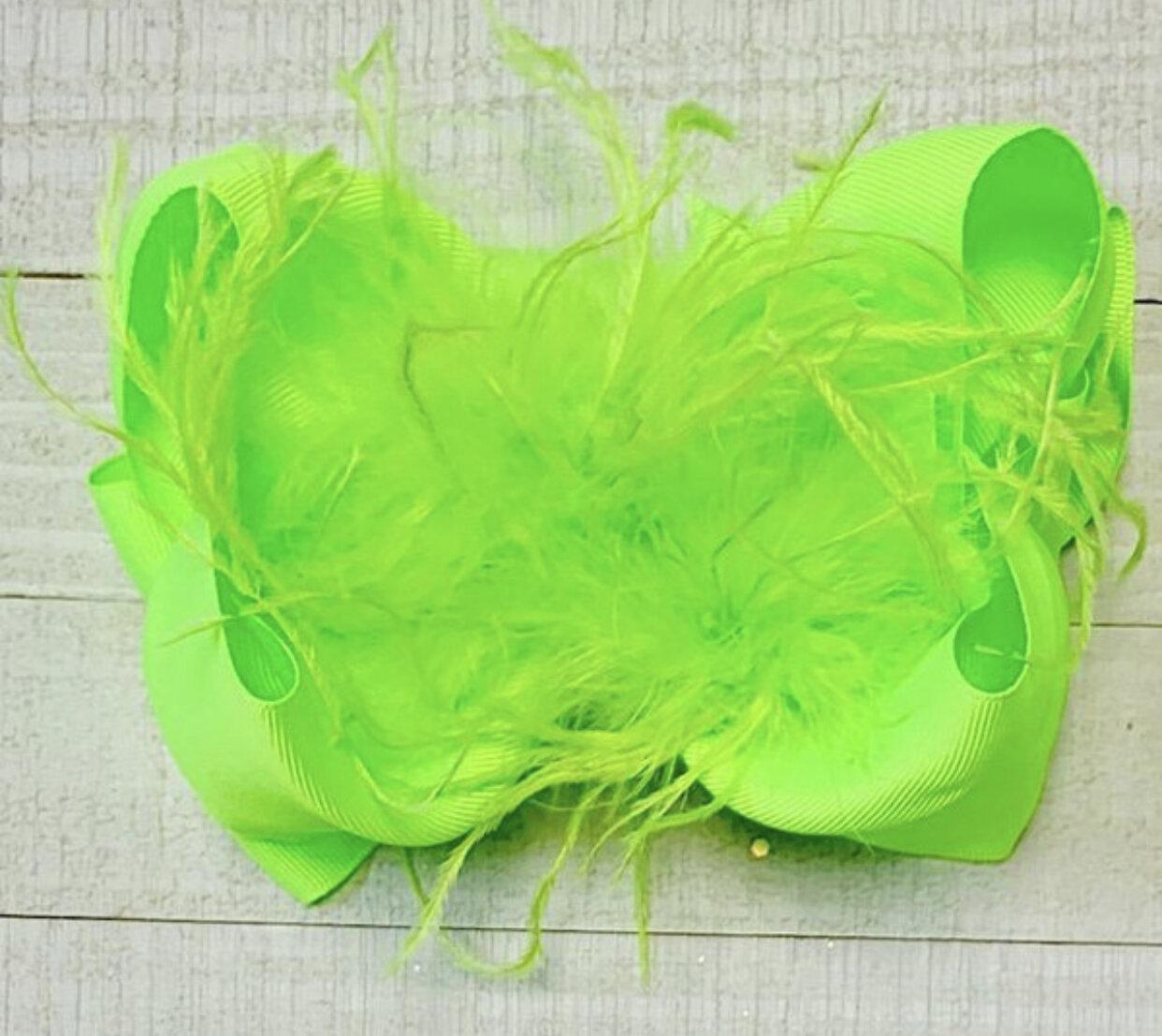 Girls Lime Green Feather Bow Clip