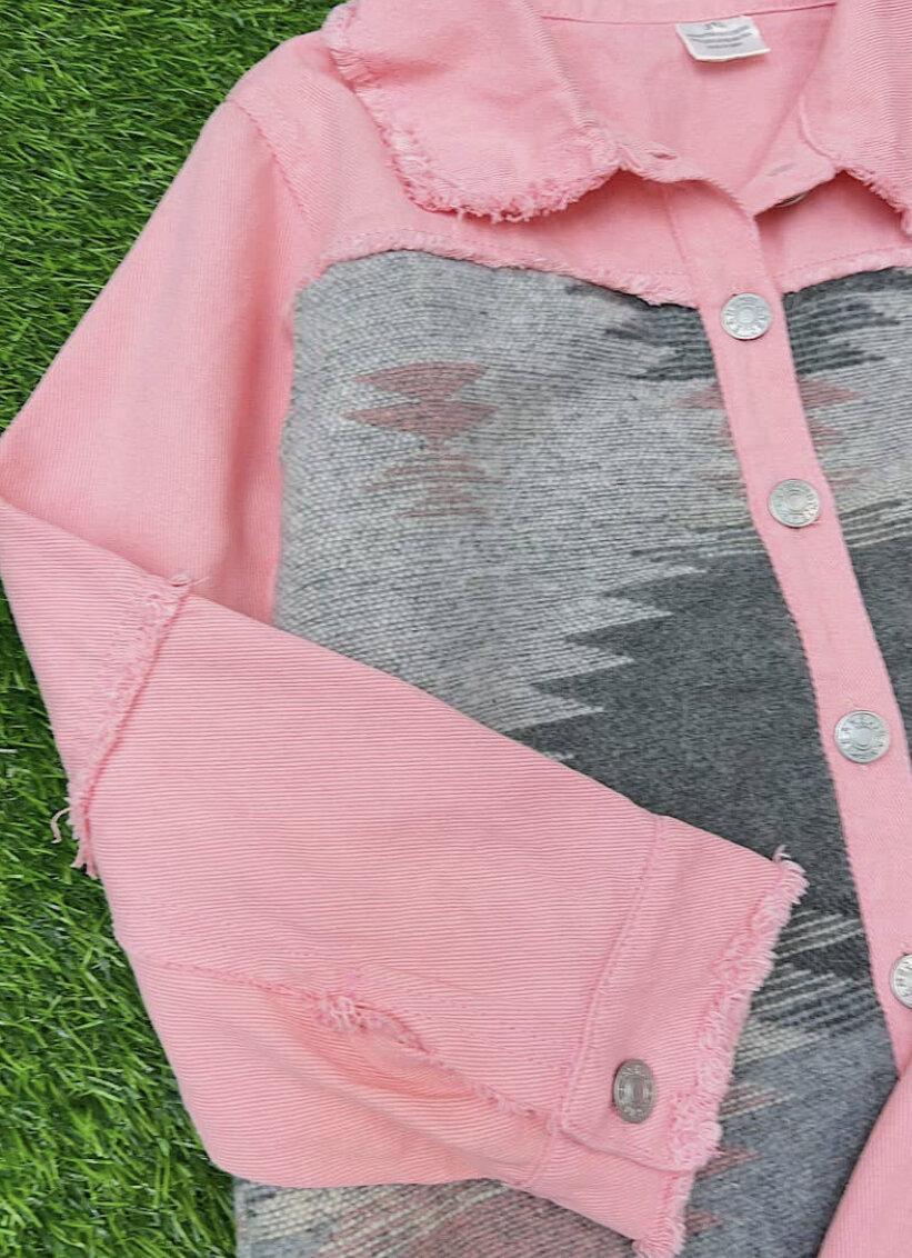 Kids Pink Denim Jacket with Aztec Print