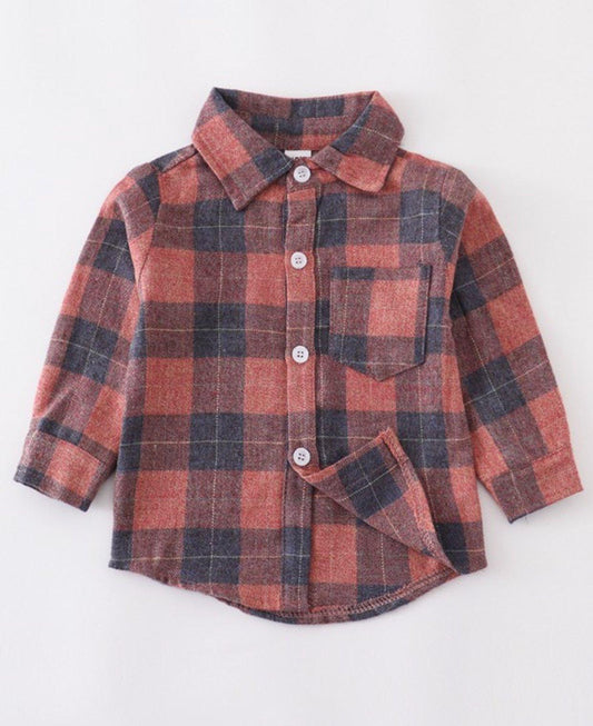 Boys Rust Plaid Button Down Shirt