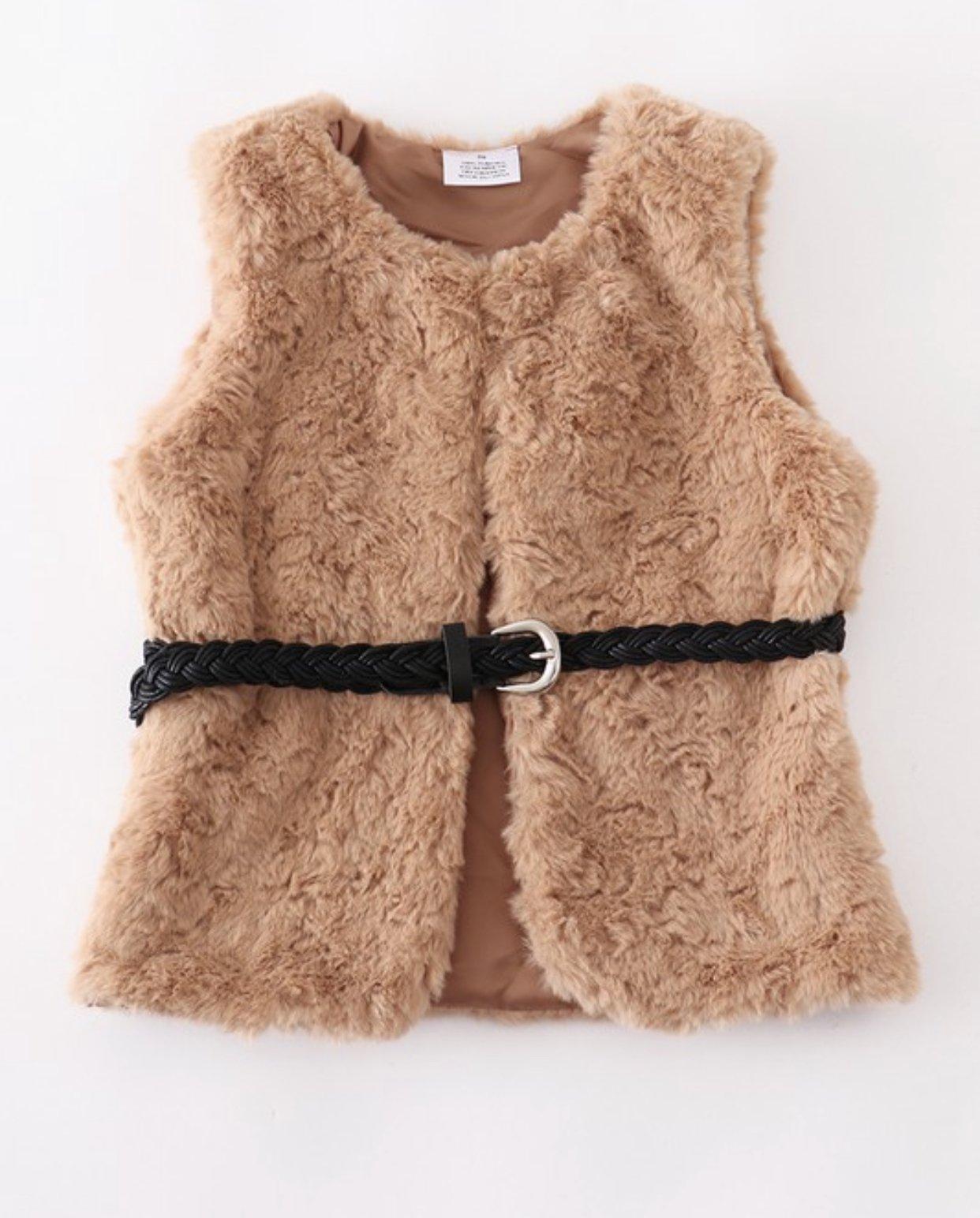 Girls Khaki Faux Fur Vest