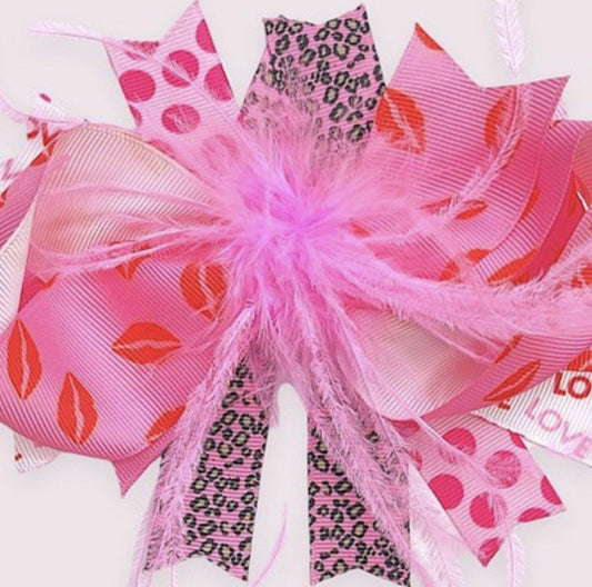 Girls-Multi-Printed Pink Feather Bow
