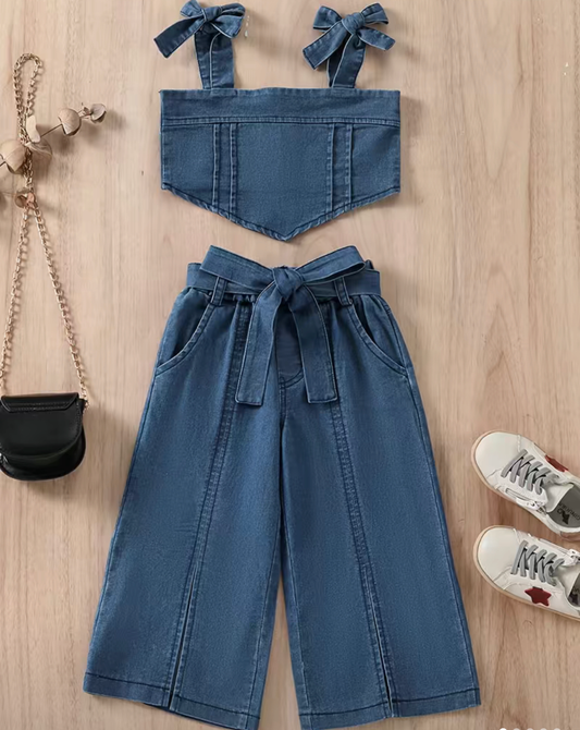 Girls Strap Denim Pants Set