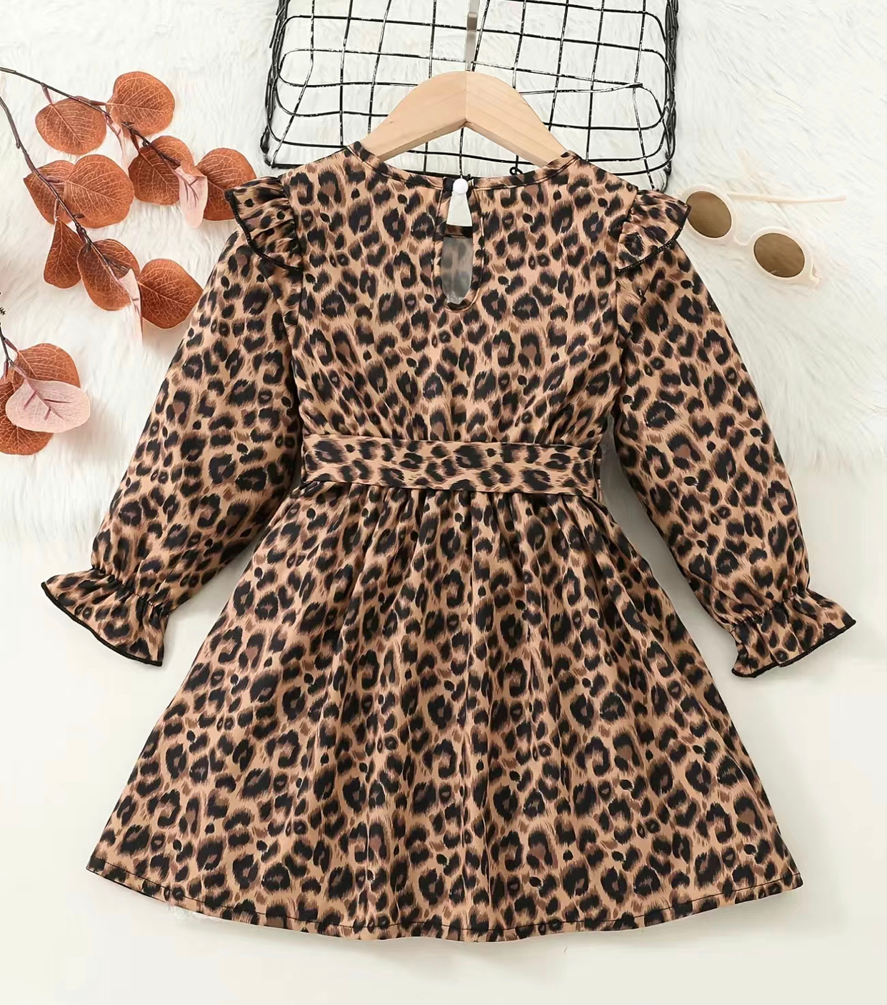 Girls Leopard Print Long Sleeve Dress