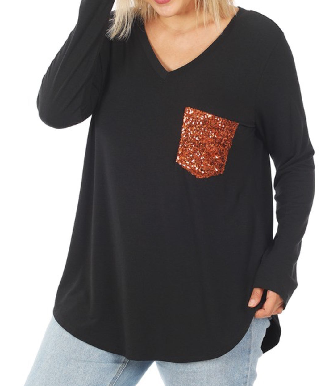 Plus Long Sleeve V-Neck Sequin Pocket Top