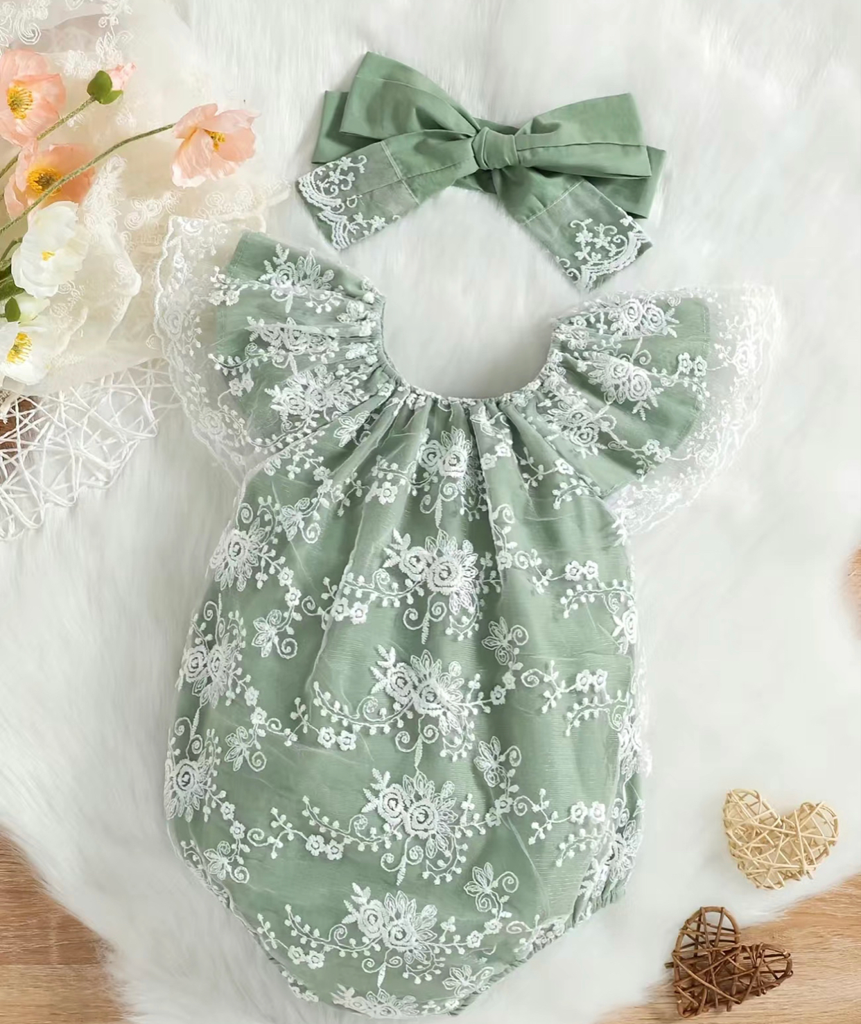 Infant Green Lace Embroidered Romper