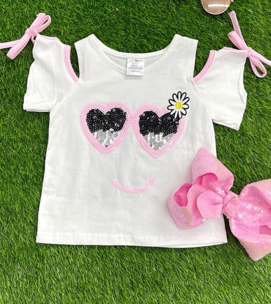 Girls White Top Sequin Hearts 6-7yr