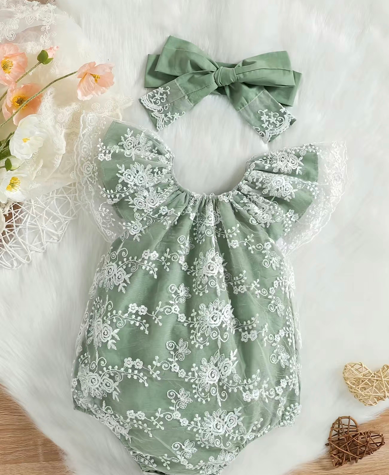 Infant Green Lace Embroidered Romper