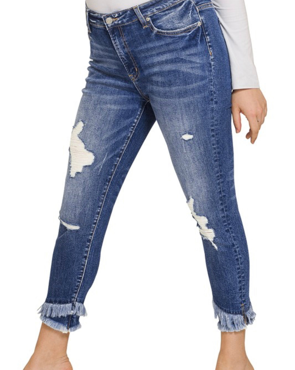 Plus Mid-Rise Double Frayed Jeans