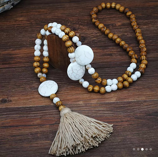 White 3 Round Stone Pendant Wooden Bead Necklace Tan